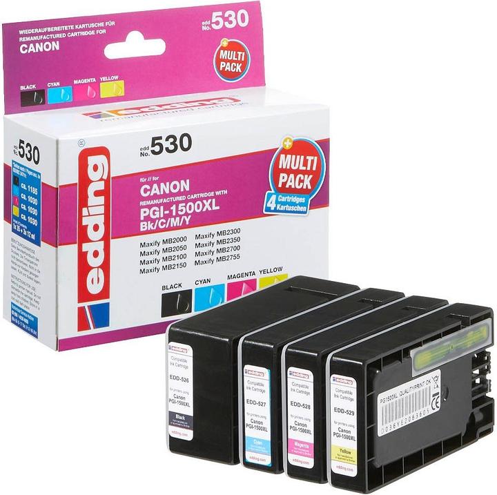 Produktbild Edding Tintenpatrone ersetzt Canon PGI-1500XL Multipack BK/c/m/y Kompatibel Schwarz Cya (M, BK, C, Y)