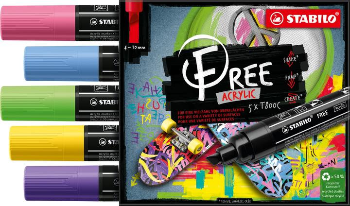 Immagine prodotto STABILO Marcatore acrilico Free Acrylic T800C Seasi 5-case (Verde chiaro, Lilla, Rosa, Giallo, Blu chiaro, 10 mm, 5 x)
