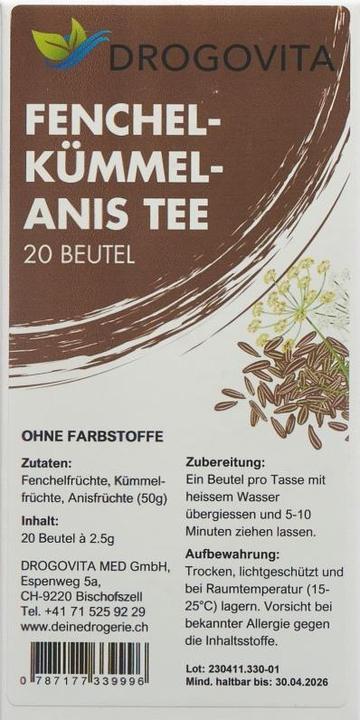Nutritional values and ingredients Drogovita Fennel-Cumin-Anise Tea (82 g)