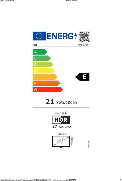 Energielabel MSI MAG 27C6F (1920 x 1080 Pixels, 27")