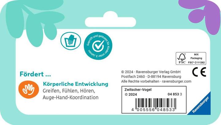 Produktbild Ravensburger 4853 play+ Zwitscher-Vogel, Holz-Greifling, Kuscheltier mit Zwitscher-Bauch