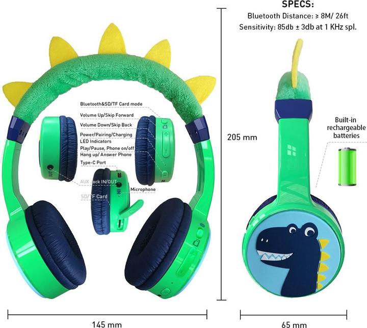 Actual product image PhoneLook Cool wireless Bluetooth 5.3 headphones for kids with 85dB muted volume and fun design