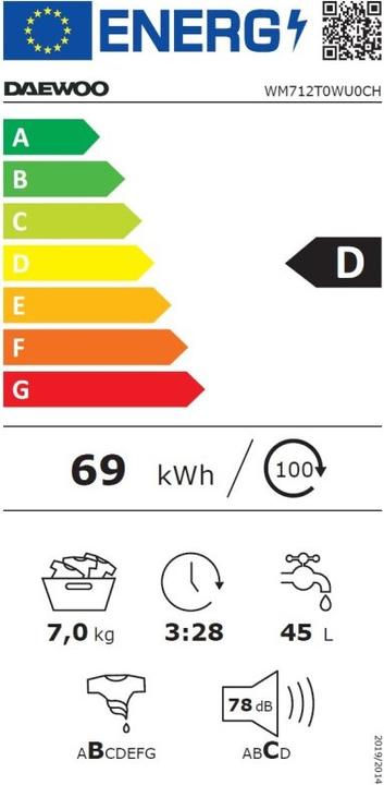 Label énergétique Daewoo WM712T0WU0CH (7 kg, Gauche)