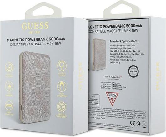 Immagine prodotto Guess Powerbank indukcyjny 15W GUPB5FP4EMGP 5000mAh różowy/rosa 4G Leather Metal Logo MagSafe (5000 mAh, 15 W)