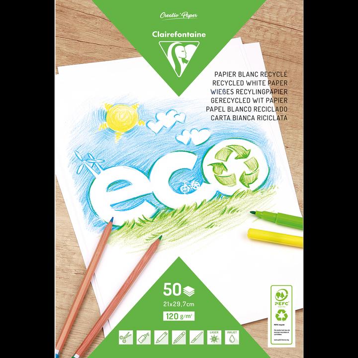 Image du produit Clairefontaine PAPIER BLANC RECYCLÉ, Bloc de 50 feuilles 120g/m2 au format A4 (21x29,7cm) - Blanc (120 g/m², 240 x)
