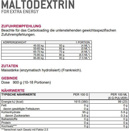 Valeurs nutritives et ingrédients Sponser maltodextrine 100 (Neutre, 1 pcs, 900 g)