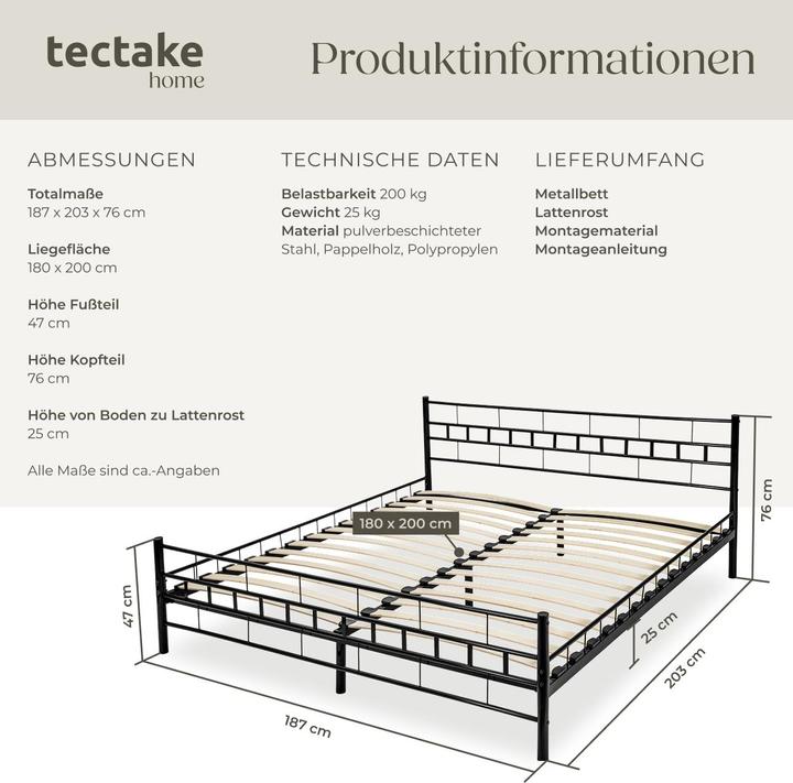 Produktbild tectake Metallbett (200 x 180 cm)