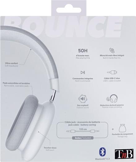Actual product image T'nB Casque Micro Bluetooth Bounce (Blanc) (ANC, 50 h, Cable)