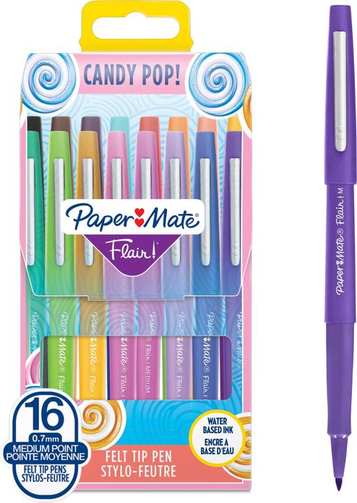 Actual product image Paper Mate Flair Candy Pop (Lilacs, Salted Caramel, grape, Orange, Raspberry, Marigold, Blueberry Bubblegum, Light green, Brown, 16 x)