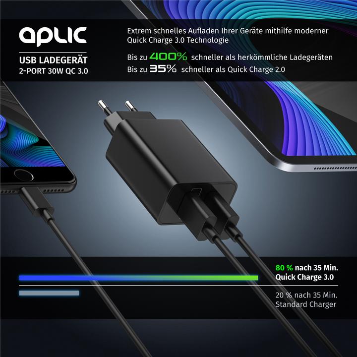 Produktbild Aplic USB Ladegerät 3000 mA, 2 Port, 30W, Quick Charge 3.0 (QC 3.0) Schnelladefunktion, schwarz (30 W)