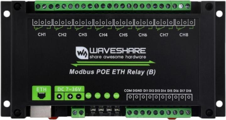 Image du produit WaveShare Relais 8 canaux (B) Module Ethernet PoE Protocole RTU/Modbus TCP