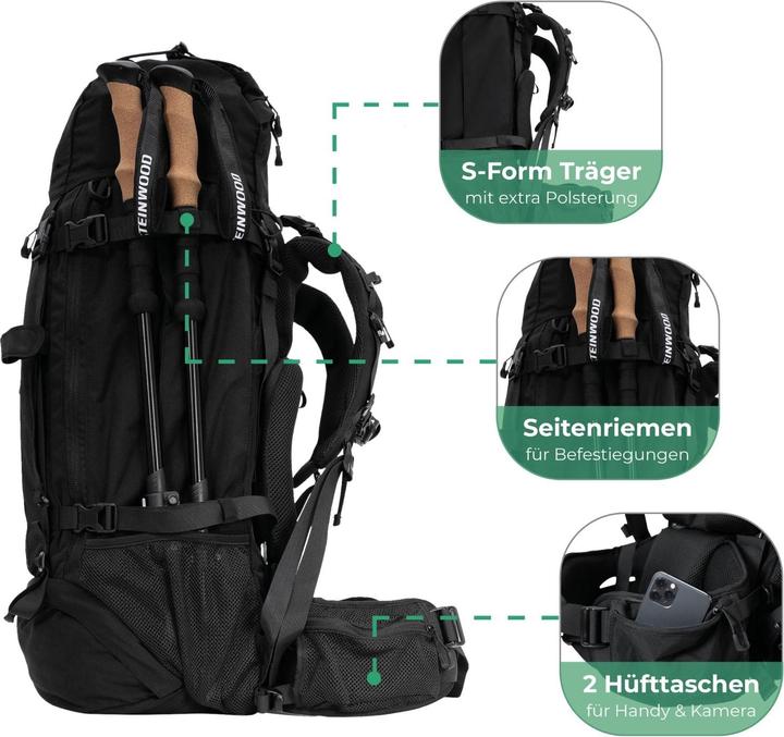 Image du produit Steinwood Trekkingrucksack 70L, Wanderrucksack, wasserabweisend mit Regenhülle (70 l)
