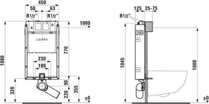 Produktbild Laufen TW1 Installationssystem, Nassbau, für Wand-WC, mit Spülkasten, Zwei-Mengen Spülung 6/3 Lit