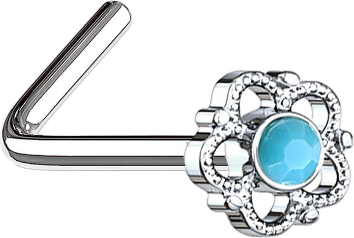 Produktbild Star Piercing Nasenstecker gewinkelt silber Blume mit türkis Stein (Chirurgenstahl 316L, Messing, Mineralisch)