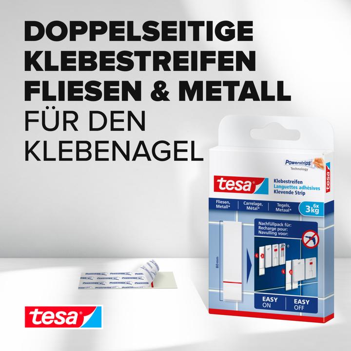 Image du produit tesa Powerstrips pour le carrelage et le métal, capacité de fixation de 3 kg, 6 bandes adhésives double
