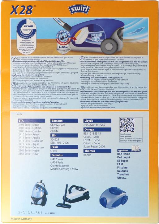 Produktbild Swirl Staubsaugerbeutel X28 MicroPor Plus für ETA, Fakir und Omega