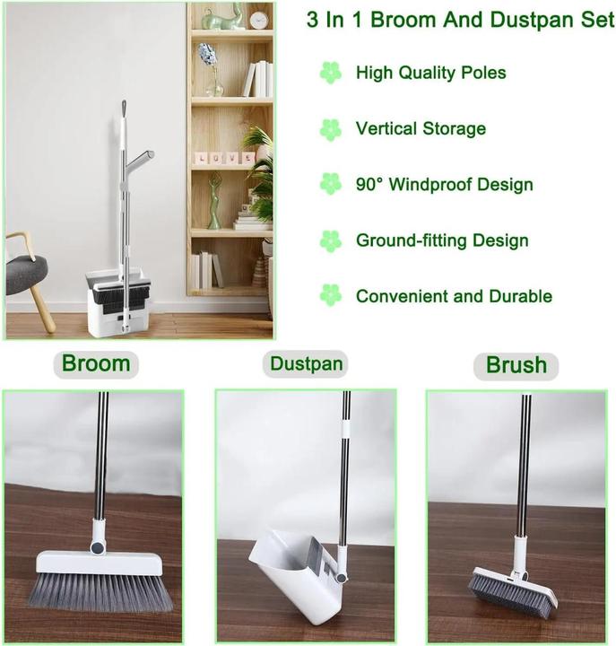 Actual product image Plutoos 3 in 1 Besen und Kehrschaufel Set mit langem Stiel, 90 Grad Windschutz Design