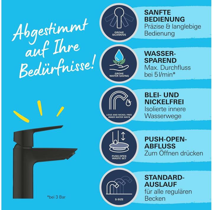 Produktbild Grohe Start QuickFix Lavaboarmatur, S-Size, Push-Open, energiesparend, mattschwarz