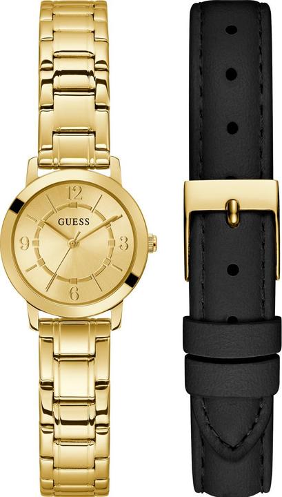 Guess P GLD CS W/ CRYS / SUN CHAMP DL / P GLD BRCT / BLK SMTH LTR STRP Armbanduhr (28 mm)