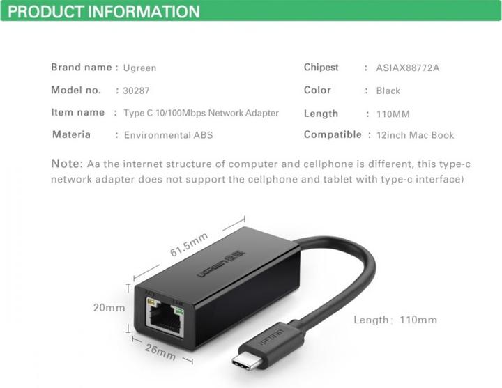 Produktbild Ugreen USB-C auf Ethernet Adapter für Smartphones & Tablets (USB-C, RJ45 (1x))