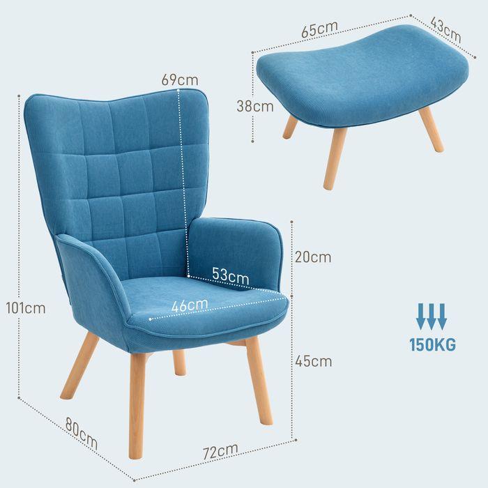 Image du produit Swisshandel24 Sessel mit Hocker, Ohrensessel mit Hoher Rückenlehne, Holzbeine, Cord, Blau
