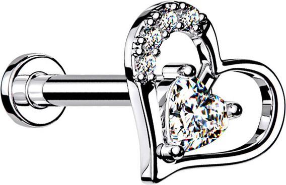 Actual product image Star Piercing Micro Labret internal thread silver crystal heart in heart (Surgical steel 316L, Brass)