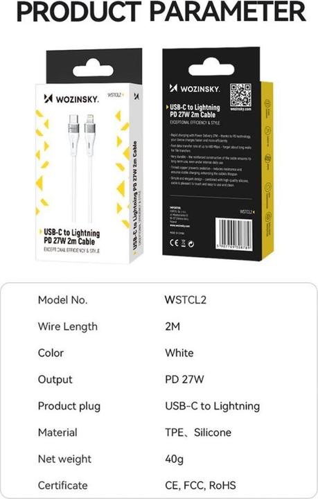 Produktbild Wozinsky WSTCL2 Lightning / USB-C PD 27W Kabel 2 m - Weiss (2 m, USB 3.2 Gen 2)