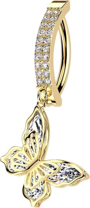Actual product image Star Piercing Banana hinged gold-plated shield two rows of crystals silver pendant butterfly (Brass, Surgical steel 316L)
