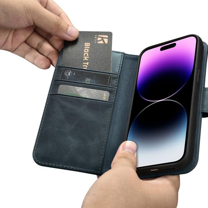 Produktbild iCarer oil Wax Wallet Case 2 in1 Cover iPhone 14 Pro Anti-RFID Leder Flip Case Blau (WMI14220722-BU) (Apple iPhone 14 Pro)