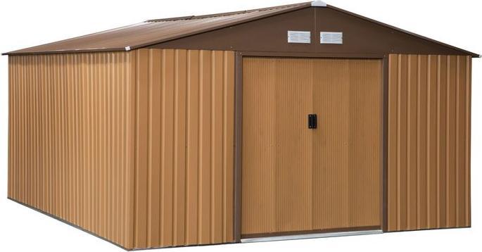 Produktbild Swisshandel24 Gerätehaus mit Bodenplatte Geräteschuppen Gartenhaus Garten Schuppen Metall Braun 340 x 386 x 200 cm