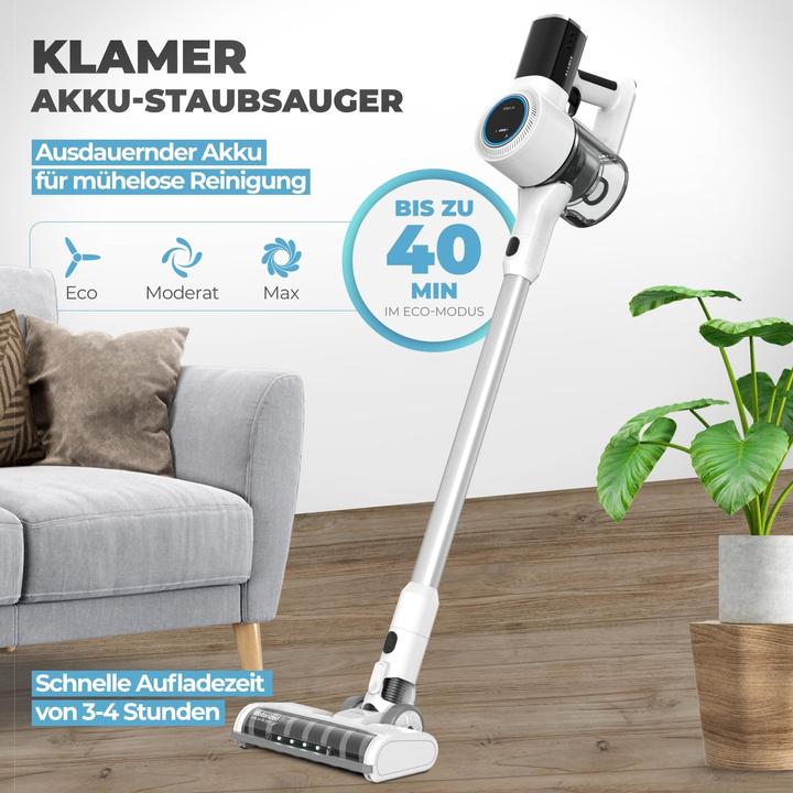 Immagine prodotto KLAMER Akkustaubsauger, 420 Watt, 2 Akkus und mit verschiedenen Aufsätzen