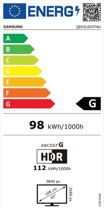 Etichetta energetica Samsung QE43LS03T Il telaio 4.0 (43", QLED, 4K, 2020)