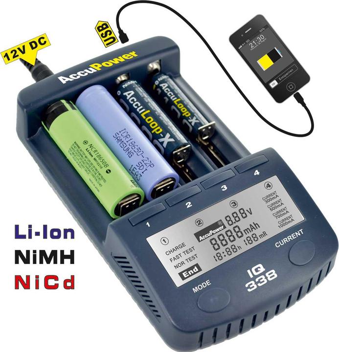 Image du produit AccuPower Chargeur de piles rondes NiCd, NiM (14500, 18650, AA, CR123A, Piles rechargeables + chargeur)
