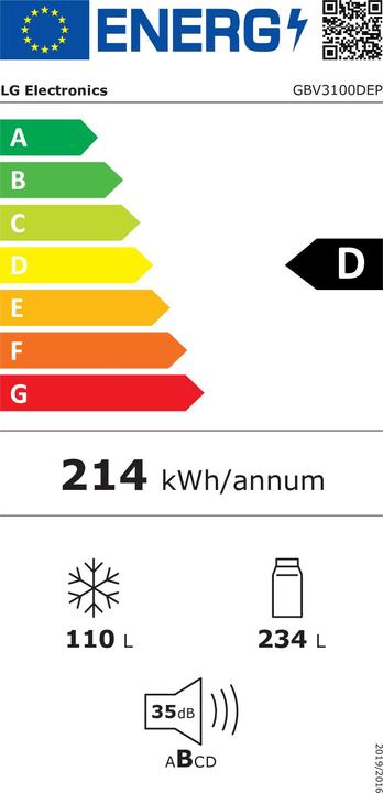 Label énergétique LG REFRIGERATEUR GBV3100DEP (344 l)