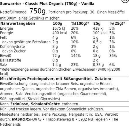 Valeurs nutritives et ingrédients Sunwarrior Protein Classic Plus (Chocolat, Vanille, 1 pcs, 750 g)