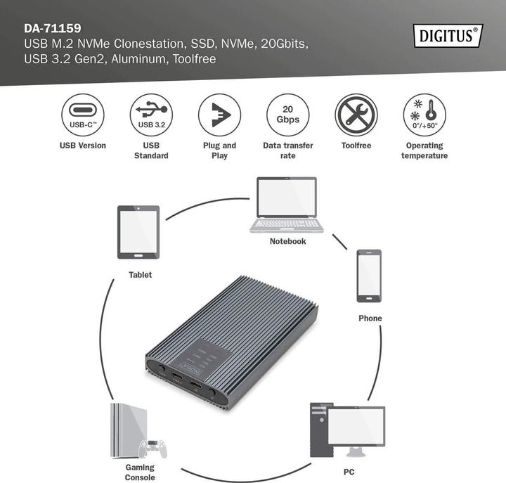 Image du produit Digitus Station de clonage USB M.2 NVMe, SSD, NVMe, 20Gbits, USB 3.2 Gen2, aluminium, toolfree (M.2 2280, M.2 2260, M.2 2242, M.2 2230)