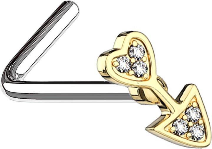 Produktbild Star Piercing Nasenstecker gewinkelt vergoldet Pfeil mit Herz (Chirurgenstahl 316L, Messing)