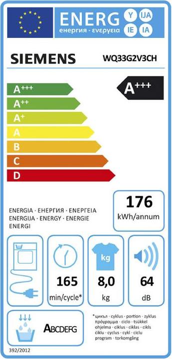 Etichetta energetica Siemens WQ33G2V3CH 8kg Wärmepumpentrockner A+++ (8 kg, A destra)