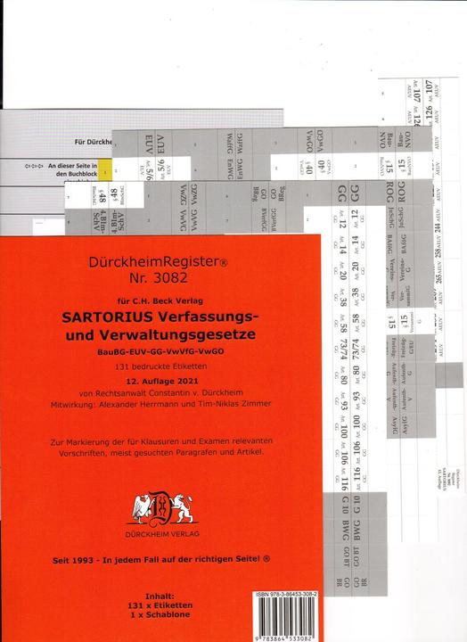Image du produit DürckheimRegister SARTORIUS 3082 - Verwaltungs- und Verfassungsgesetze 2022 (Allemand, Constantin von Dürckheim, 2021)