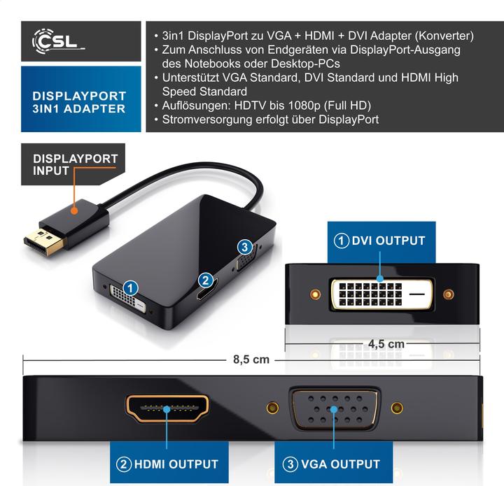 Immagine prodotto CSL Adattatore da DisplayPort a HDMI + DVI + VGA (DVI, HDMI, VGA, 10 cm)