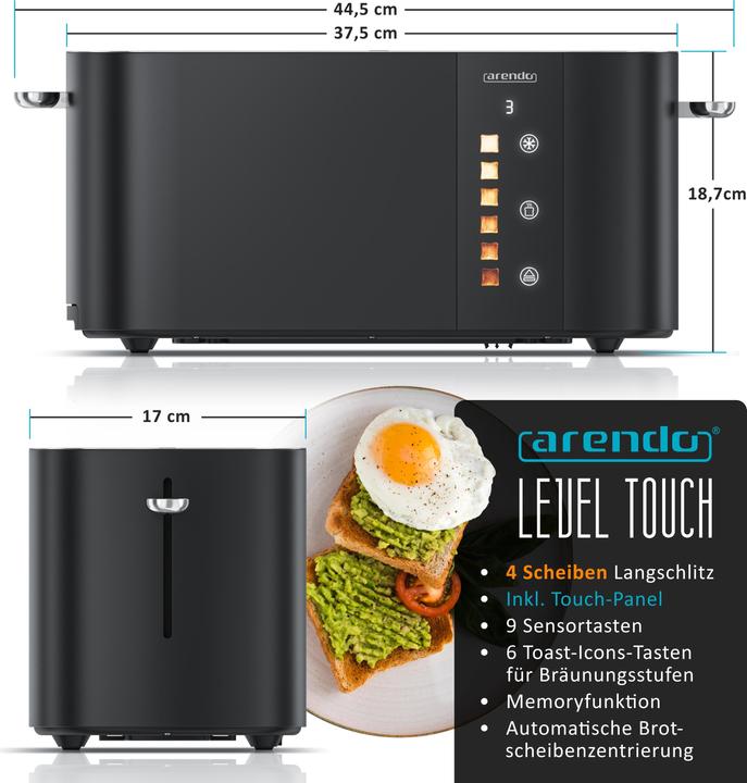 Immagine prodotto Arendo Toaster Edelstahl 4 Scheiben Langschlitz, Restzeit & Bräunungsgradanzeige, Touch Display, 1500 W
