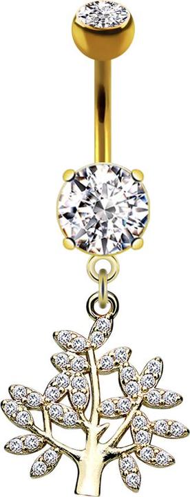 Star Piercing Banane 14k vergoldet mit zwei Kugeln Kristall silber Anhänger Lebensbaum (Messing, Chirurgenstahl 316L)