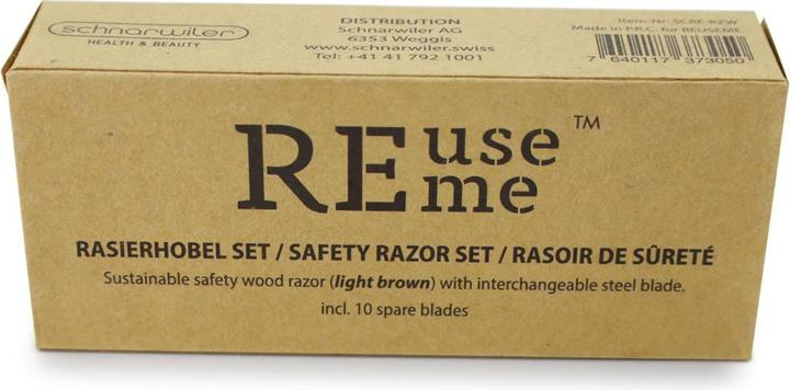 Actual product image ReUseMe Wooden razor light brown with steel blade including 10 spare blades