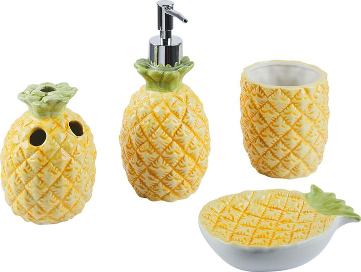 Actual product image Beliani Bathroom set 4-piece ceramic pineapple motif yellow MAICAO