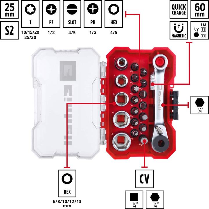 Actual product image Einhell Socket spanner bit insert set 1/4" (6.3 mm) 21 pieces 118683 (10 mm, 6 mm, 12 mm, 8 mm, 13 mm)