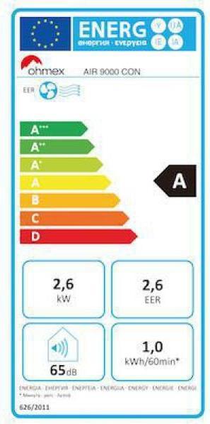 Label énergétique Ohmex Climatiseur Air 9000 (40 m², 9000 BTU/h)