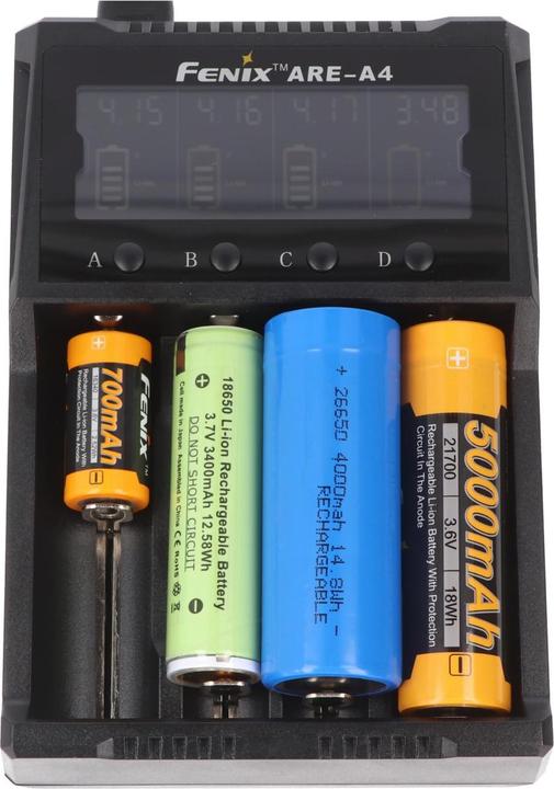 Actual product image Fenix Round cell charger ARE A4 (1 pcs., 10340, 10350, 10440, 10500, 12500, 12650, 13500, 13650, 14500, 14650, 16340, 16650, 17500, 17650, 17670, 18350, 18490, 18500, 18650, 18700, 21700, 22650, 25500, 26500, 26650, Rechargeable battery)
