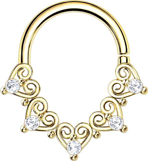 Actual product image Star Piercing Micro Piercing Ring 14k Gold Plated Filigree Hearts with Crystal (Brass, Surgical steel 316L)