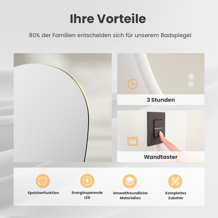 Produktbild Emke Badspiegel mit Beleuchtung, LED, 70x50 cm, Touch-Schalter, dimmbar, 3 Lichtfarben, IP44 (70 x 50 cm)