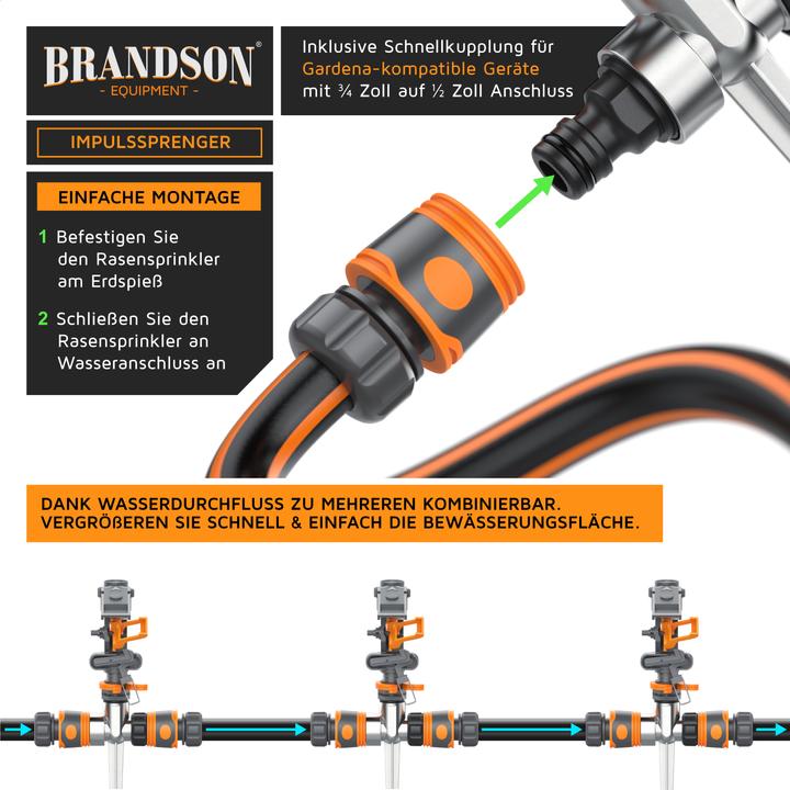 Produktbild Brandson 4x Kreisregner, Intervall-Sprinkler, 360° Impulsregner, Rasensprenger bis 200 m², Gardena kompatibel (Impuls-, Kreis- und Sektorenregner)